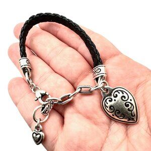 Brighton Womens Bracelet Black Leather Silver Heart Charm 7 Inch